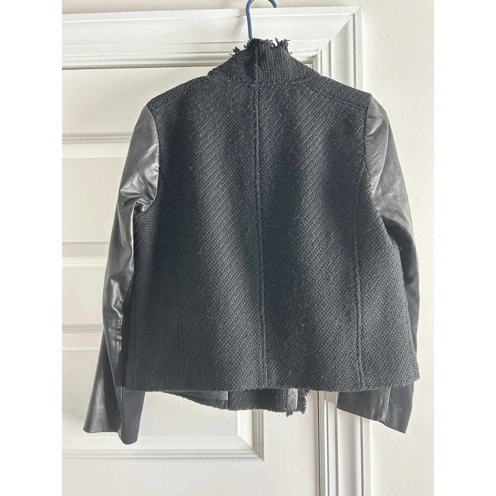 Vince Black Wool Tweed Leather Sleeves Zip Moto‎ Motorcycle Jacket Coat L - Picture 2 of 3